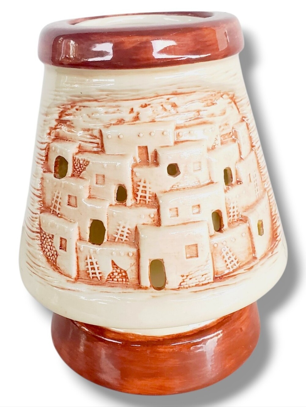 Ceramic Village Tealight Holder Candle Lamp Rustic Southwestern Cream Brown